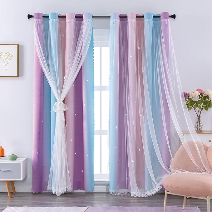 Blackout Curtains for Girls Room & Kids Bedroom, 62 Inch Pink and Purple