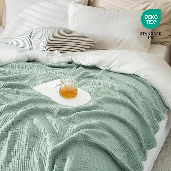 Carriediosa 100% Cotton Muslin Throw Blanket 108" X 90" King Size，4-Layers Summer Gauze Throws for Bed Couch，Soft Lightweight Breathable Linen Blankets Bedspread for Adults All Season，Sage Green