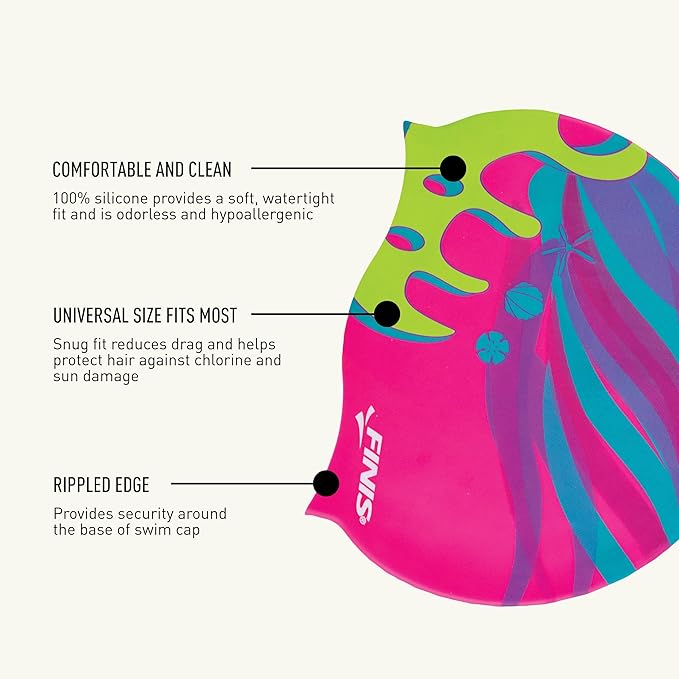 FINIS Mermaid Kids Swim Cap - 100% Silicone - Fun Prints - Universal Fit - Chlorine Protection