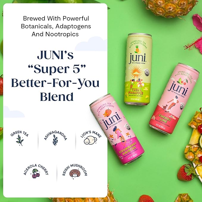 Juni Sparkling Adaptogen Drink with Ashwagandha, Lion’s Mane & Reishi Mushrooms | Green Tea for Focus, Zero Sugar, 5 Calories | Decaffeinated, Non Alcoholic Drinks - Cherry Lime 12 pack