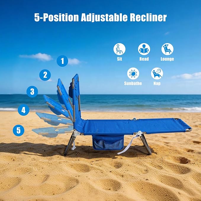 SUNNYFEEL Lay Flat Tanning Chair with Face Down Hole & Arm Slots, Beach Lounge Chair, 5-Position Folding Sunbathing Chair, 300 LBS Heavy Duty, 72" L x 22" W for Beach, Pool, Camping