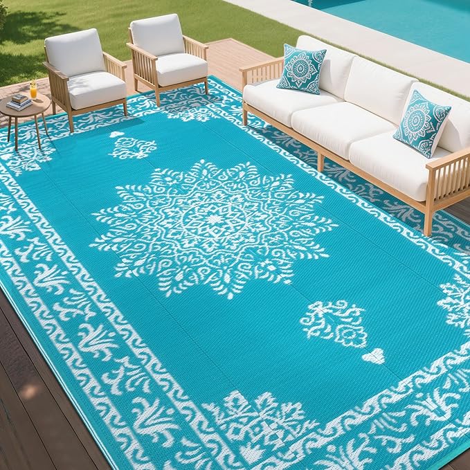 Yamaziot Outdoor Rug 9x12 Ft, Waterproof Plastic Straw Patio Rug, Reversible Backyard Carpet UV Resistant Portable RV Mat Clearance, Large Indoor Outdoor Rug for Patio, Porch, Deck, Balcony, Teal