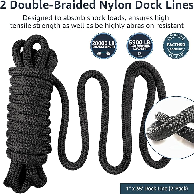 2 Pack 1" x 35' Dock Lines - Marine Grade Nylon Boat Rope with 24" Loop for Docking and Mooring - Double Braided Boat Lines, High Strength, Heavy Duty, Easy Handling, Fray Resistant - Black