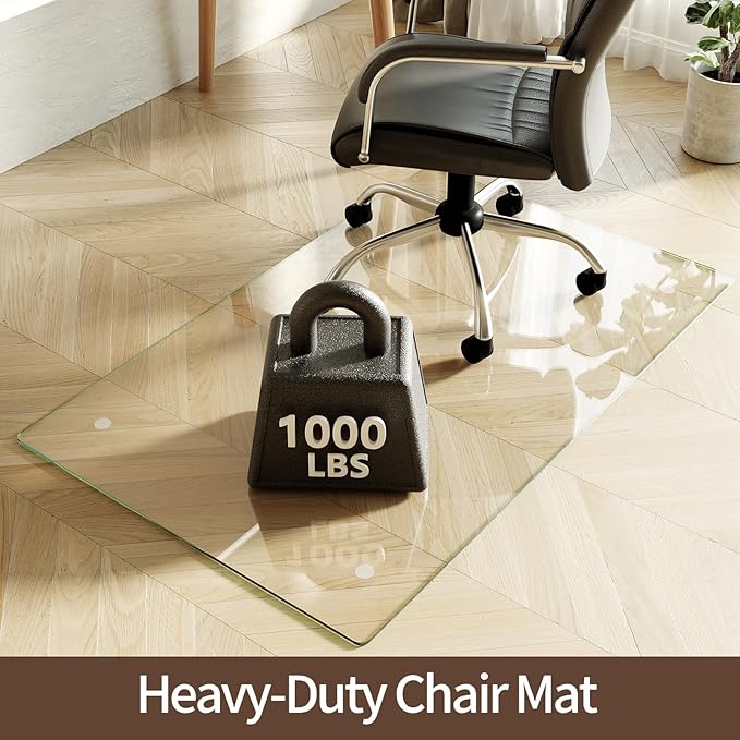 Koonmi Tempered Glass Chair Mat 30"x48" - Premium Office Chair Mat for Hardwood Floors & Low-Pile Carpet with 4 Non-Slip Pads - Thick Scratch-Resistant Surface