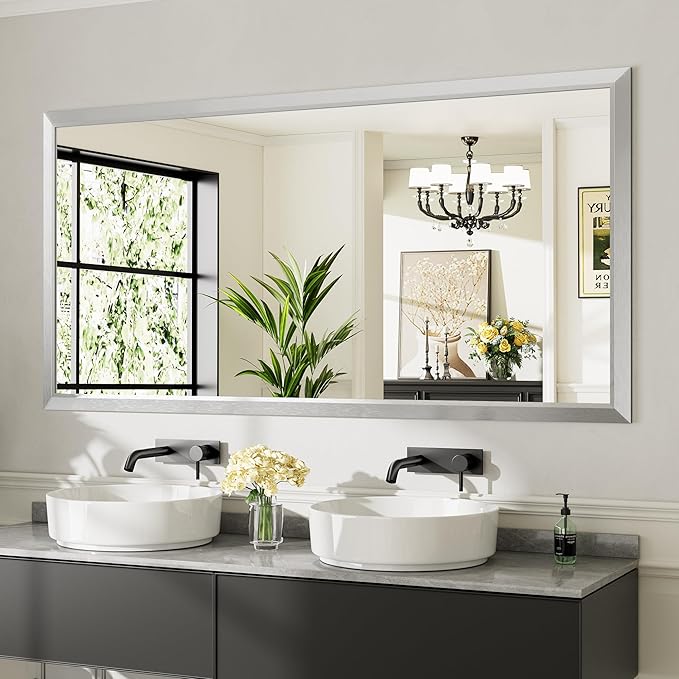 72x36 Inch Silver Bathroom Mirror for Wall, Thick Metal Framed Rectangle Mirrors for Over Sink, Bedroom, Living Room, Entryway, Anti-Rust, HD Tempered Glass