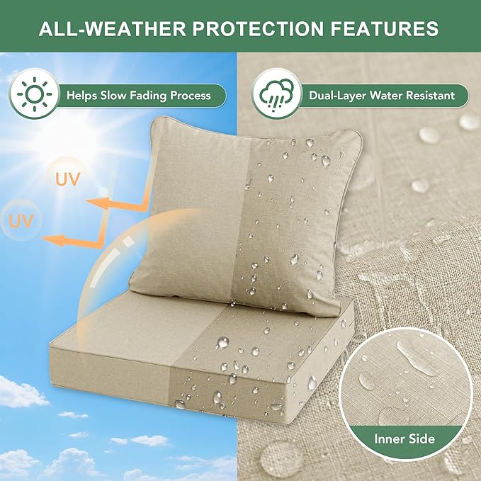 Summsun Patio Chair Cushions Set of 2, Faux Linen Outdoor Furniture Cushions, Water Resistant Backrest and Deep Seat Cushion Set with Straps, Removable Cover, Non-Slip Bottom, 22 x 22 Inch, Beige