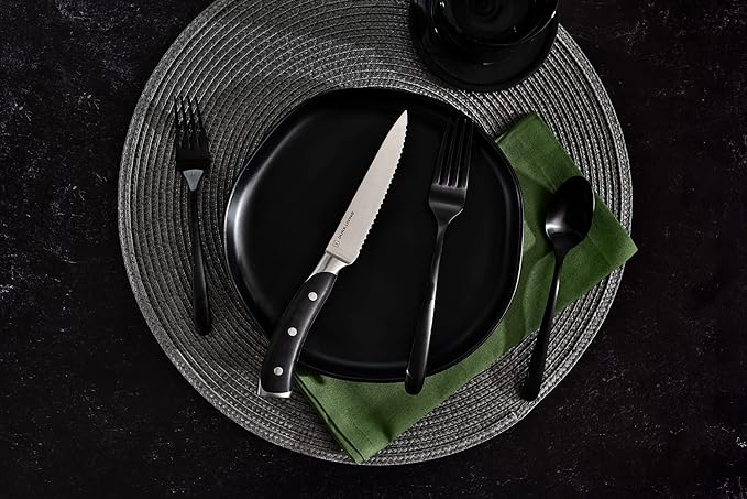 4-Piece Serrated Kitchen Steak Knife Set – Forged High Carbon Stainless Steel, Ultra Sharp, Ergonomic Black Handles, Durable Dinner Knives, Black Handle