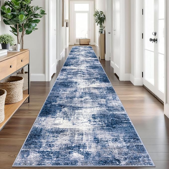 IOHOUZE Abstract Runner Rug 3x20 Ft Extra Long Washable Runners for Hallways, Non Slip Kitchen Runner Printed Faux Wool Entryway Runner Indoor, Modern Abstract Floor Carpet for Hall Stair, Navy/Grey