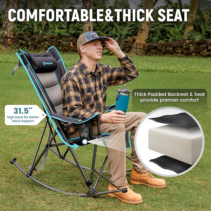 FUNDANGO Oversized Rocking Camping Chair for Adults, High Back Padded Folding Lawn Chairs with Pillows, Wide Armrest, 2 Cup Holders, Carry Bag for Patio Garden Outdoor Supports 440Lbs (Black)