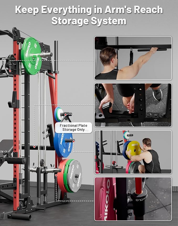 Mikolo Smith Machine, 2200lbs Squat Rack with LAT-Pull Down System & Cable Crossover Machine, Training Equipment with Leg Hold-Down Attachment