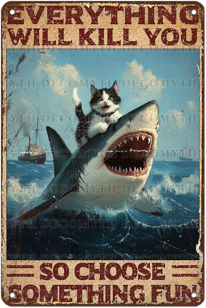Vintage Cat Tin Sign Everything Will Kill You So Choose Something Fun Retro Shark Metal Poster Funny Cat Lovers Wall Art Decorations for Home Shop Bar Hotel Indoor Outdoor 12 * 8inch
