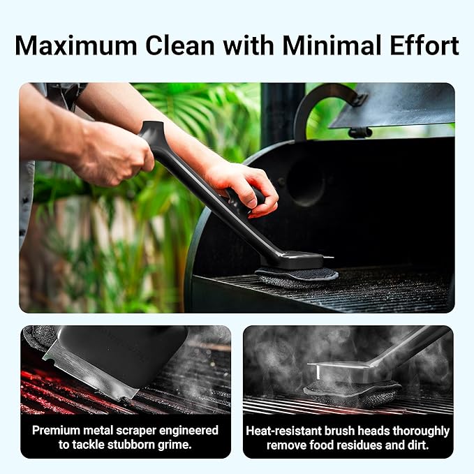 BBQ Grill Brush Bristle Free - 17" Safe Steam Grill Cleaner Brush with Scraper and 5 Brush Heads for Porcelain/Gas/Charcoal Grill Outdoor Grill Barbecue Cleaner