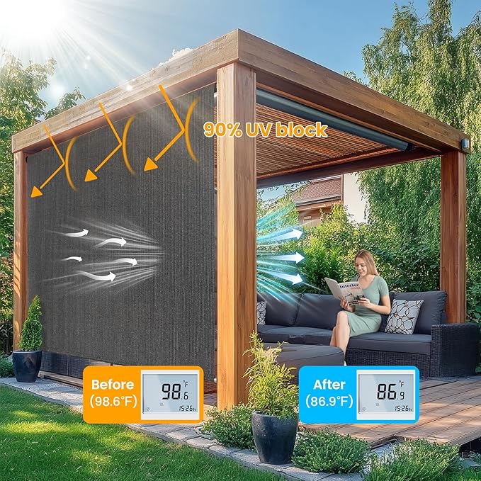 6'W x 6'H Gray Patio Shades Roll up Outdoor Roller Shade Crank Wand Blind