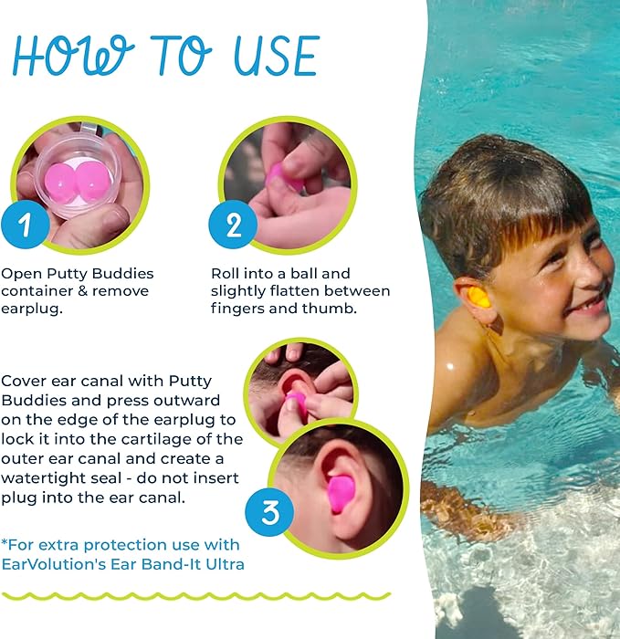 Earvolution Floating Putty Buddies Ear Plugs for Swimming - Invented by an Ear Physician - Moldable, Premium, Silicone - Floats on Water - Waterproof - Made in The USA - 3 Pack - Blue/Yellow/Green