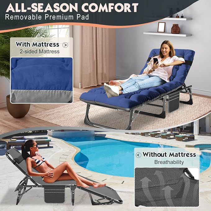 MOPHOTO 5-Position Folding Cot, Portable Outdoor Folding Chaise Lounge Chair for Sun Tanning, Perfect for Pool, Beach, Patio Sunbathing