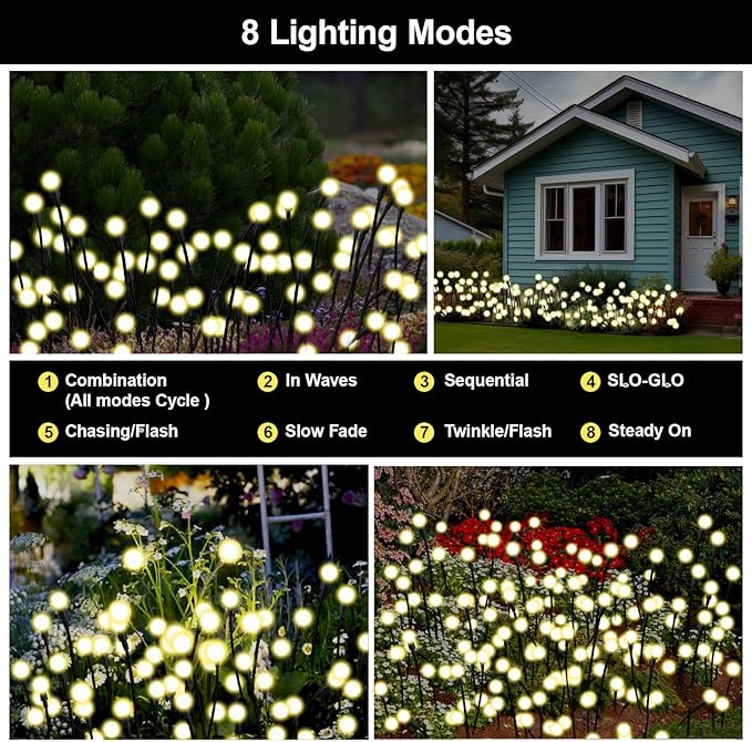 Solar Firefly Lights Warm White, 8 Modes 800mAh Swaying Firefly Yard Lights Solar Powered Outdoor Waterproof for Outside Yard Patio Lawn Pathway Walkway Stake Christmas Garden Decor (8 Pack)