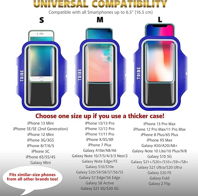 TRIBE Water Resistant Cell Phone Armband Case Running Holder for iPhone Pro Max Plus Mini SE (13/12/11/X/XS/XR/8/7/6/5) Galaxy S Ultra Plus Edge Note (21/20/10/9/8/7/6/5) Adjustable Strap & Key Pocket