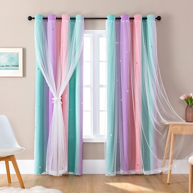 Blackout Curtains for Girls Room, Kids Bedroom 62 Inch Pink Rainbow Unicorn 1