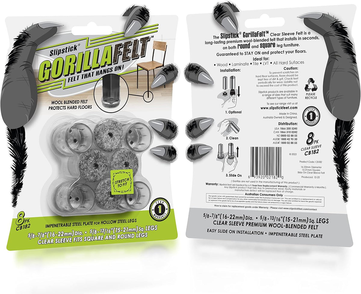 Slipstick GorillaFelt Chair Leg Floor Protectors for Hardwood Floors, Clear Sleeve Felt Pads for Furniture That Stay On, Fits Round & Square Legs, Includes 8 Premium Transparent Chair Socks, CB182