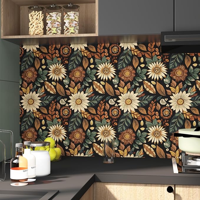 Boho Wallpaper Peel and Stick, Vintage Black Brown/Green Floral Contact Paper
