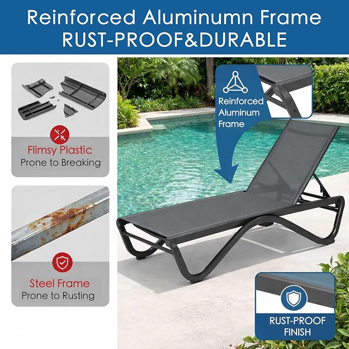 Kozyard Outdoor Chaise Lounge Chair, All Aluminum Frame and Textilene Fabric, Fully Flat Adjustable Reclining Patio Lounger for Poolside, Sunbathing & Backyard (Gray, 2Chairs)