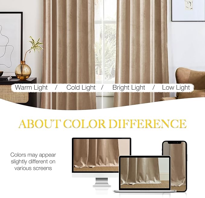 NICETOWN Beige Velvet Room Darkening Curtains, Home Decor Light Blocking