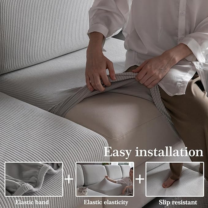 OHSIO Sectional Couch Covers, Wear Resistant Stretch Sofa Covers Washable Soft Couch Cushion Covers Anti Slip Furniture Protector Sofa Slipcovers for Pets(3 Pieces 2 Seaters+1 Chaise, Light Gray)