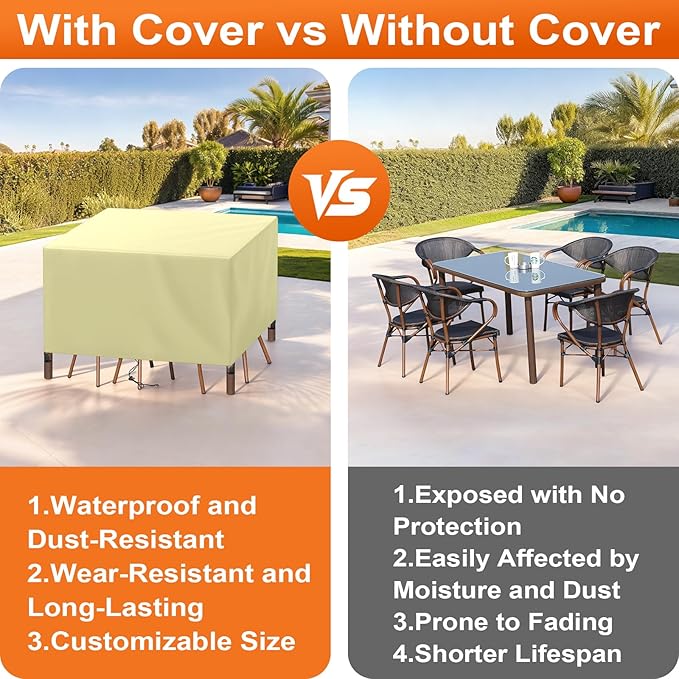 Patio Furniture Cover Rectangle 112"(L) x 56"(W) x 36"(H), Custom Heavy Duty 420D Waterproof Outdoor Cover with Drawstring & Buckles for Table Chair Garden, Cream