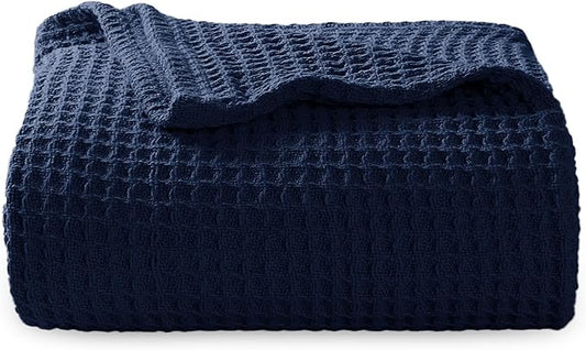 Bedsure 100% Cotton Blanket Twin XL Size for College Dorm - Breathable and Soft, Waffle Weave Twin Blanket for Summer, Dorm Room Essentials, Pageant Blue, 66x90 inches