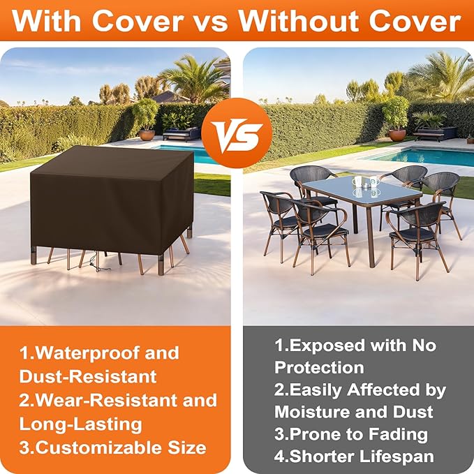 Patio Furniture Cover Rectangle 84"(L) x 44"(W) x 30"(H), Custom Heavy Duty 420D Waterproof Outdoor Cover with Drawstring & Buckles for Table Chair Garden, Coffee