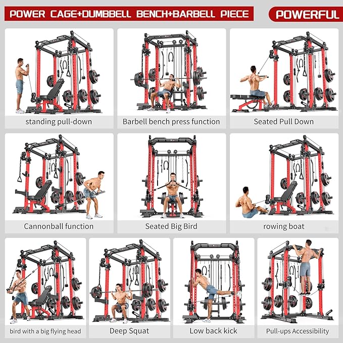 Power Cage Multi-Function Power Rack with Cable Crossover System,1800 LBS Capacity Squat Rack with Weight Bench,for Home Gym