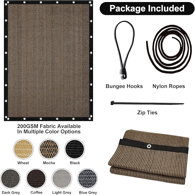 Artpuch 90% Sun Shade Cloth, 10 x 10 FT Pergola Shade Cover Canopy with Grommets, Sun Screen Fabric Tarp for Patio, Outdoor, Garden, Backyard, Mocha