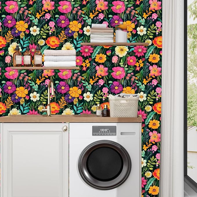 BOKEBEVE Watercolor Floral Wallpaper Peel and Stick Colorful Contact Paper