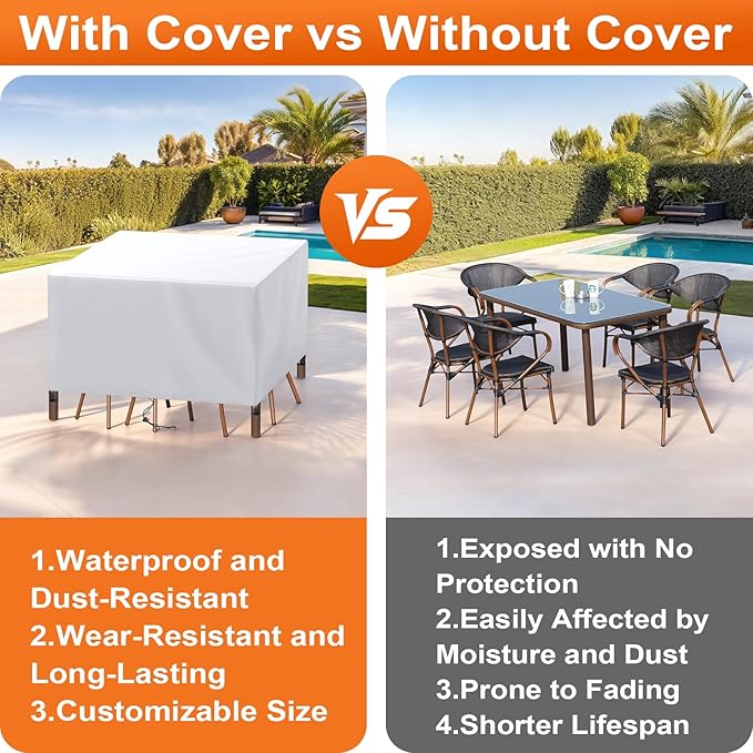 Patio Furniture Cover Rectangle 80"(L) x 36"(W) x 36"(H), Custom Heavy Duty 420D Waterproof Outdoor Cover with Drawstring & Buckles for Table Chair Garden, Silver