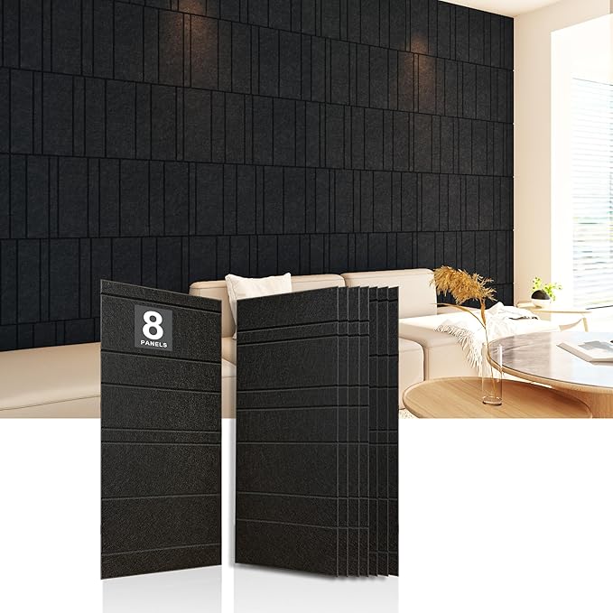 Acoustic Wall Panels – 8 Pack 31.75"x15.75" Thick Black Striped Groove Sound