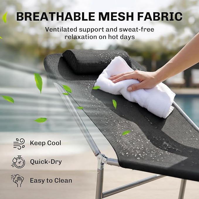 Outsunny Folding Chaise Lounge Outdoor Sun Tanning Chair w/Pillow, Black | Sun Tanning Chair for Outside, Breathable Mesh Seat, Headrest, Pool, Beach, Yard, Patio