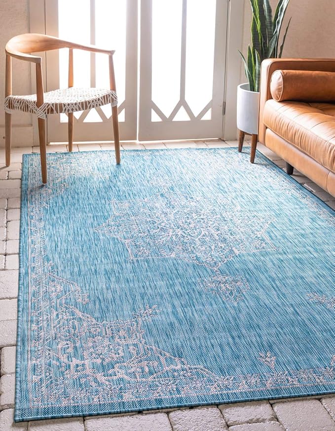 Unique Loom Outdoor Traditional Collection Area Rug - Antique (4' 1" x 6' 1" Rectangle, Light Aqua/ Gray)