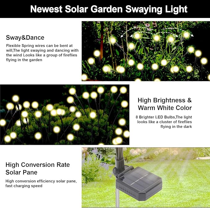 Solar Firefly Lights Warm White, 8 Modes 800mAh Swaying Firefly Yard Lights Solar Powered Outdoor Waterproof for Outside Yard Patio Lawn Pathway Walkway Stake Christmas Garden Decor (8 Pack)