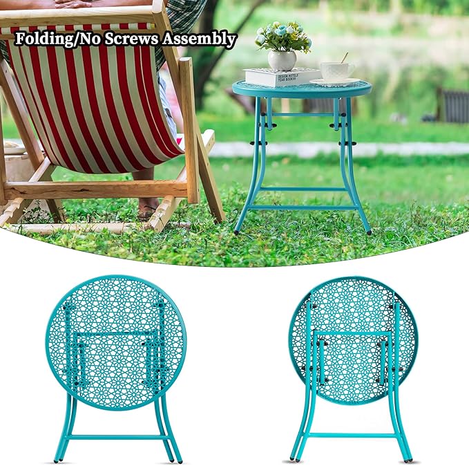 TeoKJ Folding Outdoor Side Tables, Anti Rust Small Patio Table Round Metal Nightstand with Flower Cutouts for Porch Yard Balcony Deck Lawn, Blue
