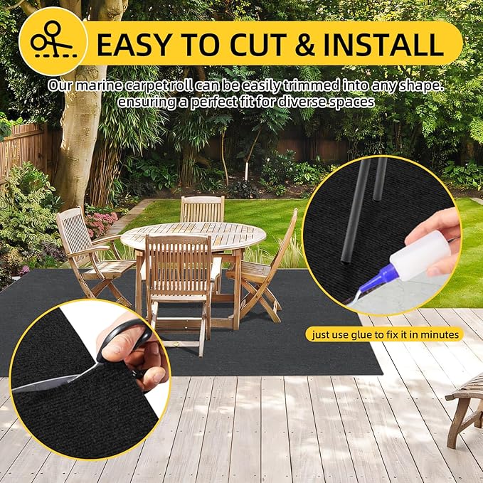 Marine Carpet, 5 FT x 20 FT Black Indoor/Outdoor Carpet, 0.2" Thick, Non-Slip, Waterproof, Machine Made, High Pile, Rectangular Area Rug