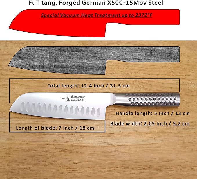 MATTSTONE HILL 7" Hollow Edge Asian Chef's Knife - German Steel, 304 Stainless Steel Handle