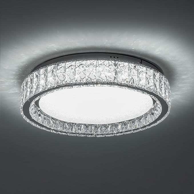 LamQee Crystal Flush Mount Ceiling Light Fixture, Dimmable LED Modern Close to Ceiling Light, Hallway Light Fixtures Round Chandelier for Bedroom Kitchen Bathroom Dining Living Room, Large, 21.65 inch