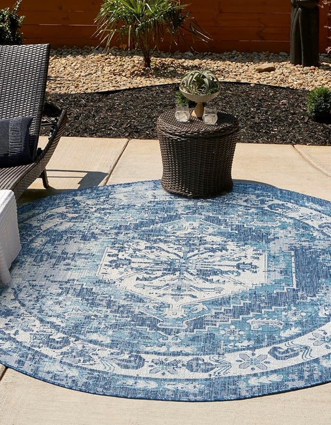 Unique Loom Outdoor Traditional Collection Area Rug - Valeria (3' 3" Round, Blue/ Ivory)