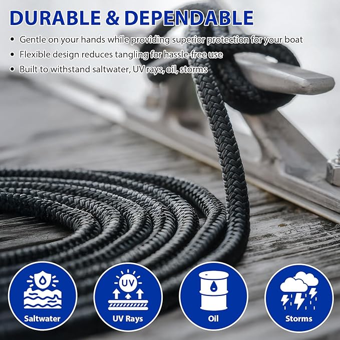Boat Dock Lines Marine Rope - 1/2" x 25ft with Pre-Spliced 12" Loop Double Braided Nylon Ropes Bumper Tie Mooring Line for Boats Docking Pontoon Boating Accessories - 2 Pack