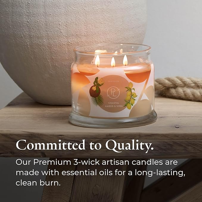 PartyLite Coastal Amber & Shea Scented, Notes of Ylang Flower, Citron, Sweet Coconut & Amber Creme, 13.2oz 3-Wick Jar Candle, 45 Hour Burn Time, Luxurious Fragrance, Ideal for Gifting