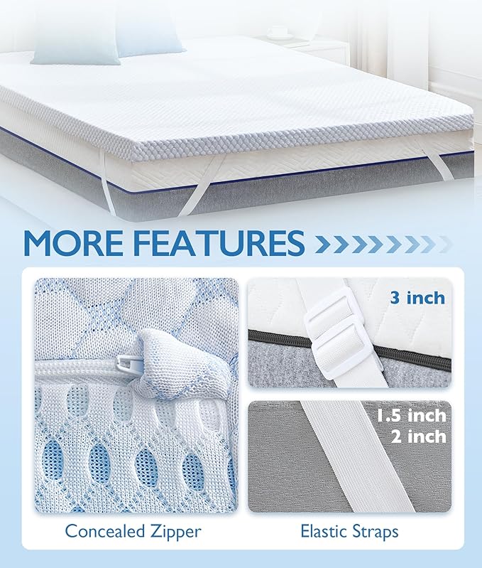 SINWEEK 3 Inch King Cooling Memory Foam Mattress Topper for Pressure Relief, Thick Bed Mattress Pad with Cooling Soft Cover and Adjustable Straps, CertiPUR-US Certified