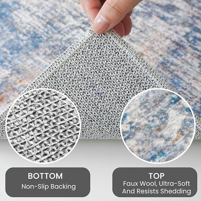 IOHOUZE Abstract Area Rug 3x5 Ft Washable Rugs for Entryway Indoor, Non Slip Kitchen Rug Printed Faux Wool Throw Rugs, Indoor Door Mat for Door Entrance Foyer Living Room, Blue Rust