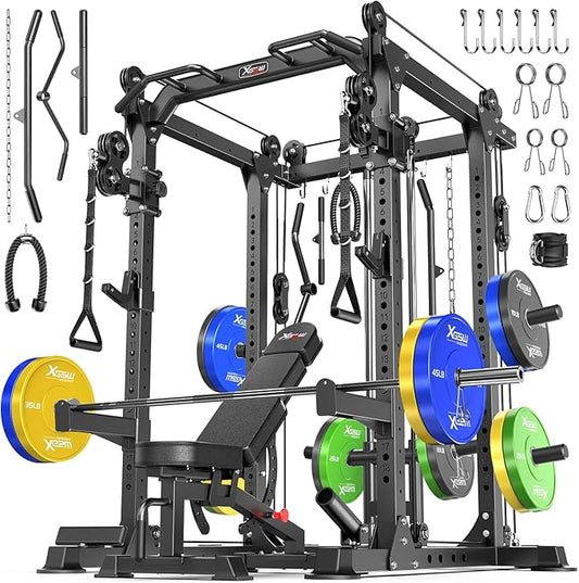 Power Cage Multi-Function Power Rack with Cable Crossover System,1800 LBS Capacity Squat Rack with Weight Bench,for Home Gym