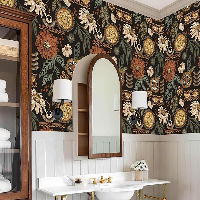 JiffDiff Boho Peel and Stick Wallpaper 17.3" x 120" Vintage Sun Floral Retro