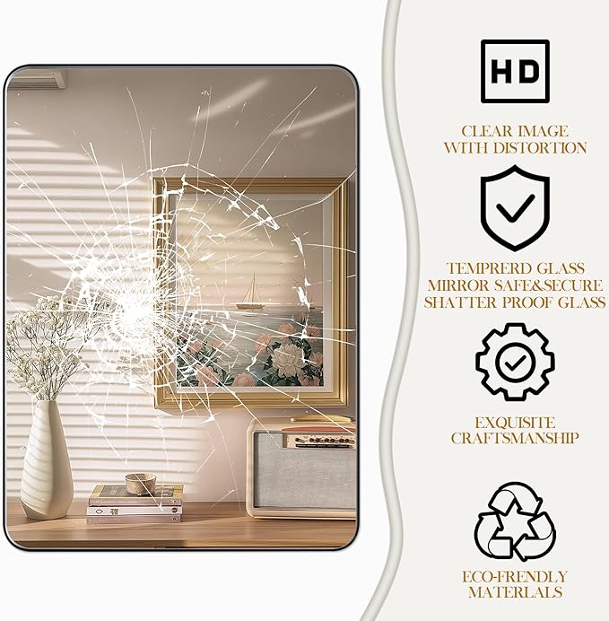 Fun Memories Wall Mirror for Bathroom, 32x24 Inch Black Bathroom Mirror, Rectangular Wall Mounted Decorativ, Rounded Corner, Aluminum Alloy Frame, Farmhouse, Hangs Horizontal or Vertical